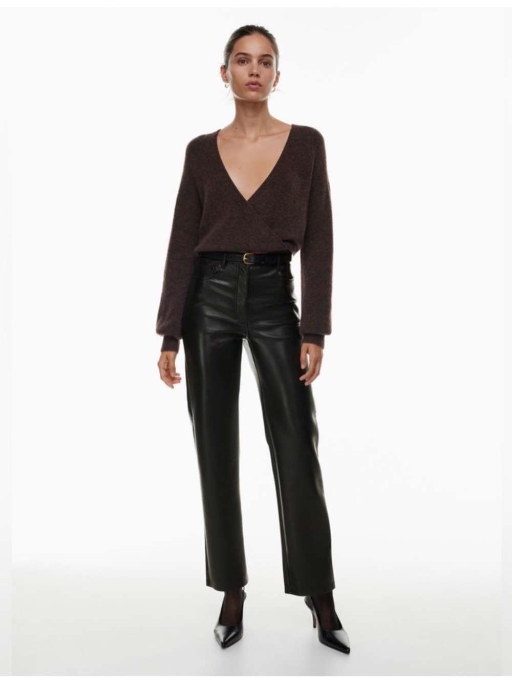 Wilfred Black Faux Leather Pants with Branded Button